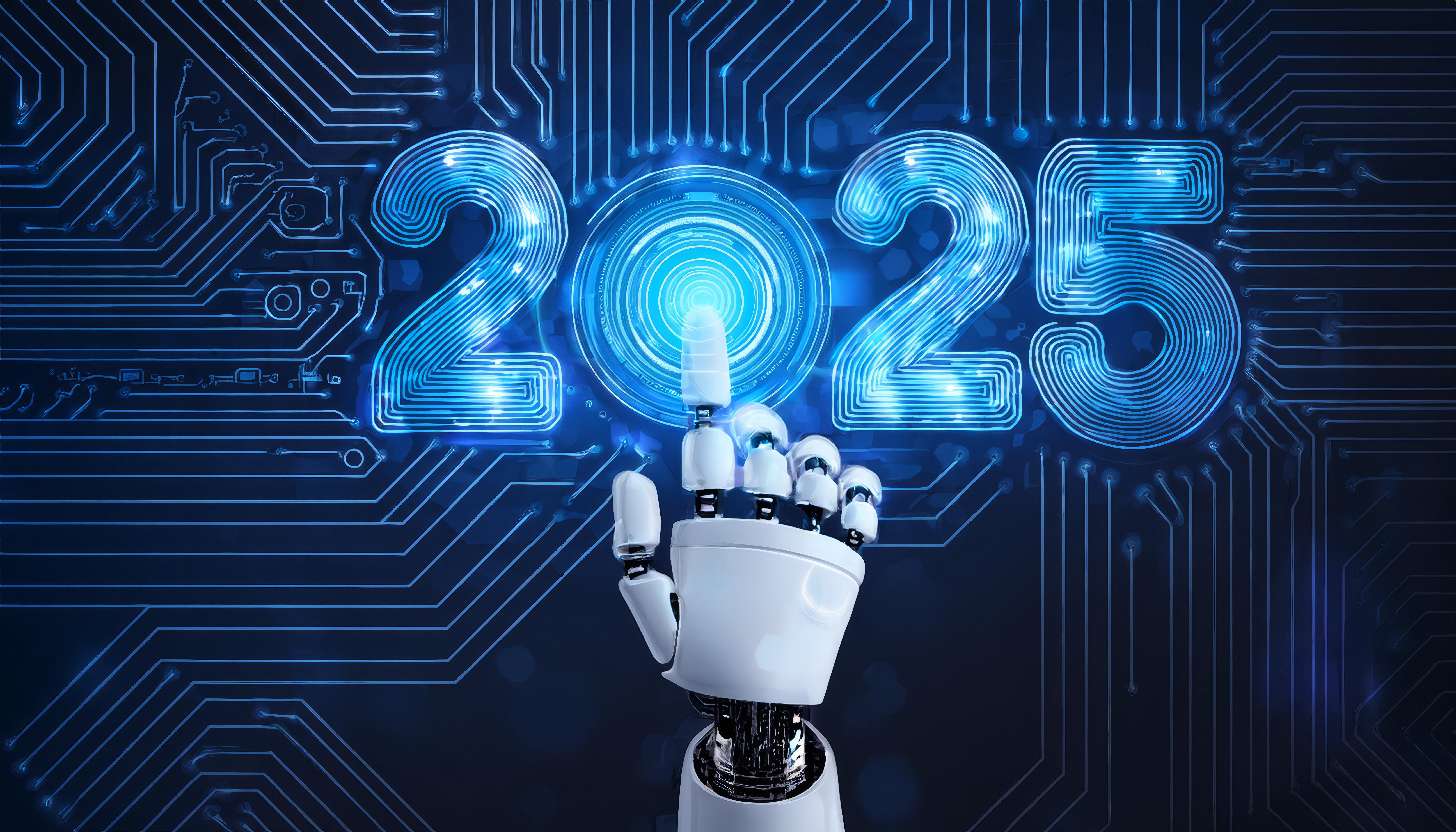 robotic hand symbolic artificial intelligence reaches out presses button activati